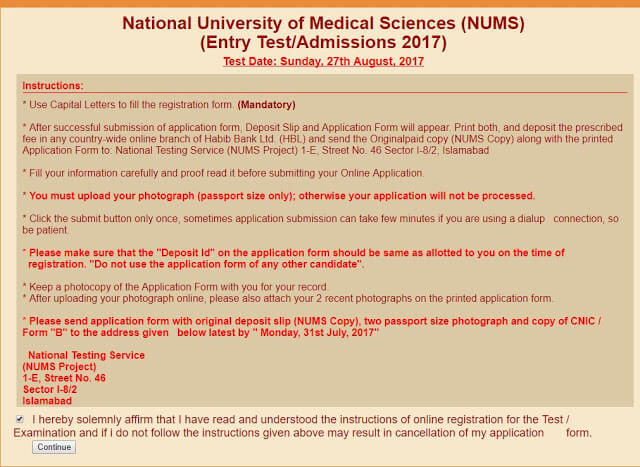 Instruction before submitting the form for NUMS