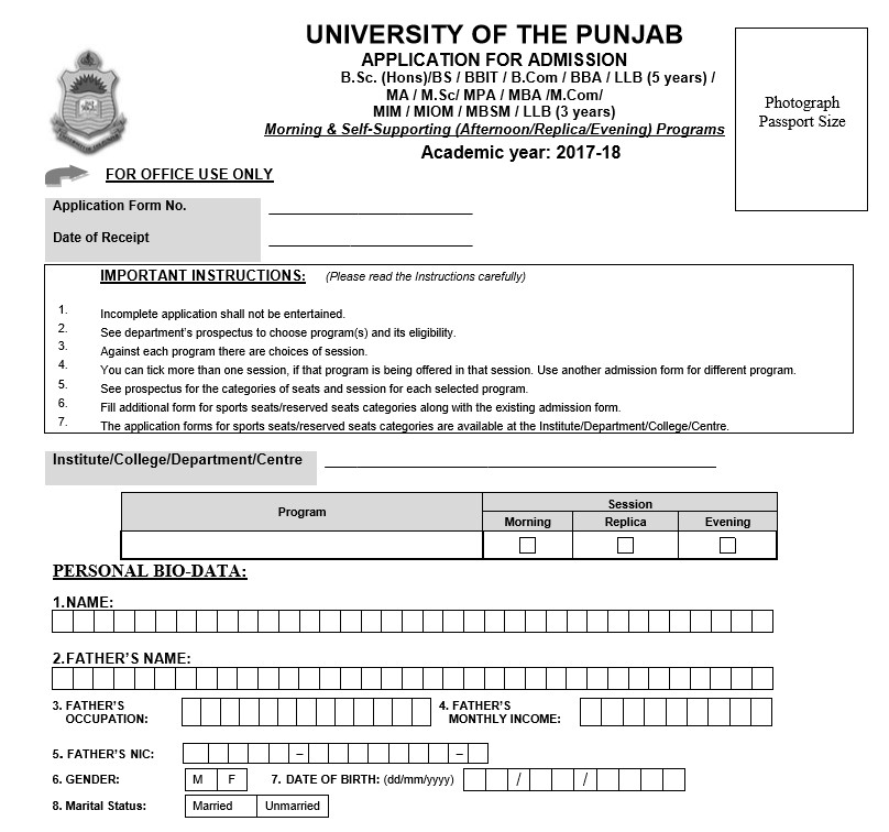 Admission Form for University of Punjab for Undergraduate