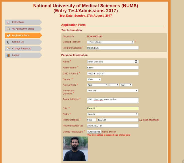 Admission Form for NUMS Online Admission Form for NUMS Online